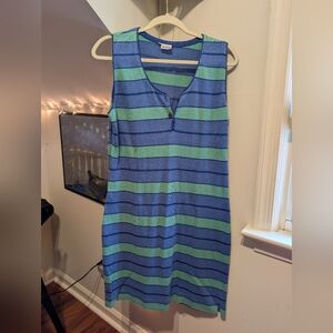 Blue and Green Striped Sleeveless Beach Swimsuit Cover Up Dress